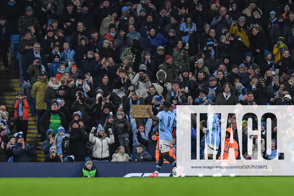 Jeremy Doku of Manchester City celebrates his second goal during the FA Cup match between Manchester City and Salford City at the Etihad Stadium, Manchester, England on 11 January 2025.
