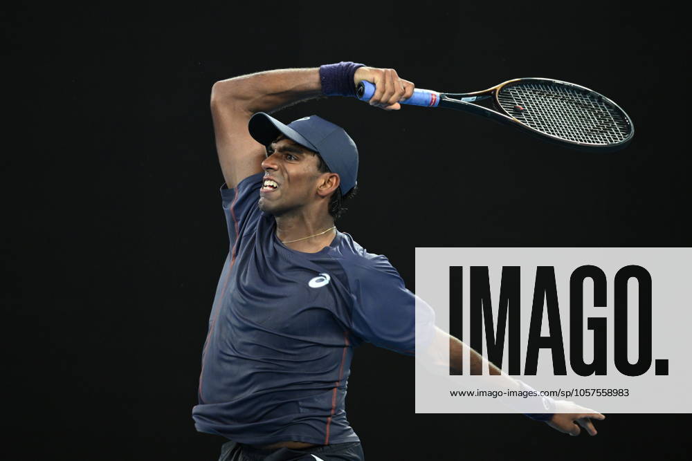 TENNIS AUSTRALIAN OPEN, Nishesh Basavareddy of USA in action during his round 1 match against Novak Djokovic of Serbia during the 2025 Australian Open at Melbourne Park in Melbourne, Monday, January 13, 2025. ( NO ARCHIVING, , NO USE IN BOOKS WITHOUT CONSENT MELBOURNE VICTORIA AUSTRALIA