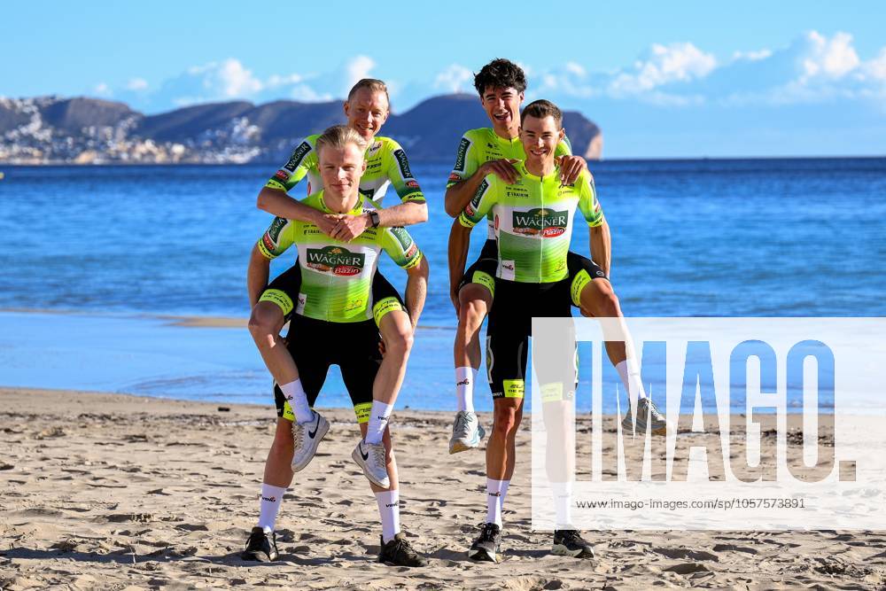 Cycling Team Wagner-Bazin WB Winter Training Camp 2025 CALPE, SPAIN - JANUARY 12 : De Tier Floris of Cycling Team Wagner-Bazin WB, Vermoote Jelle of Cycling Team Wagner-Bazin WB, Desal Ceriel of Cycling Team Wagner-Bazin WB and Lambrecht Michiel of Cycling Team Wagner-Bazin WB during a photoshoot at the Cycling Team Wagner-Bazin WB UCI Pro Team winter stage camp as part of the preparation for the new 2025 season on January 12, 2025 in Calpe, Spain