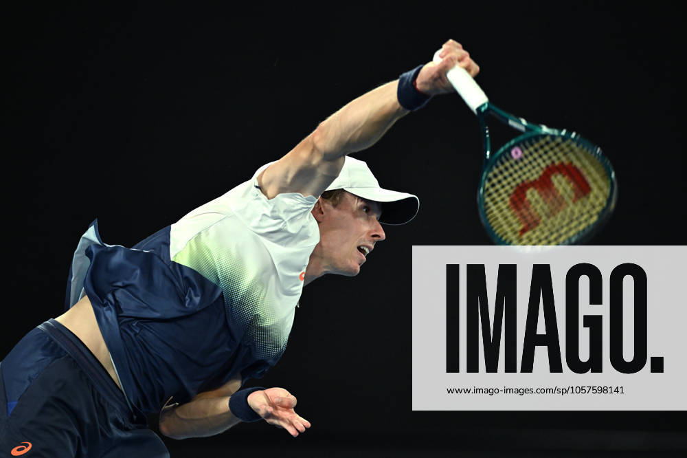 TENNIS AUSTRALIAN OPEN, Alex De Minaur of Australia serves during his round 1 match against Botic Van de Zandschulp of the Netherlands during the 2025 Australian Open at Melbourne Park in Melbourne, Monday, January 13, 2025. ( NO ARCHIVING, , NO USE IN BOOKS WITHOUT CONSENT MELBOURNE VICTORIA AUSTRALIA
