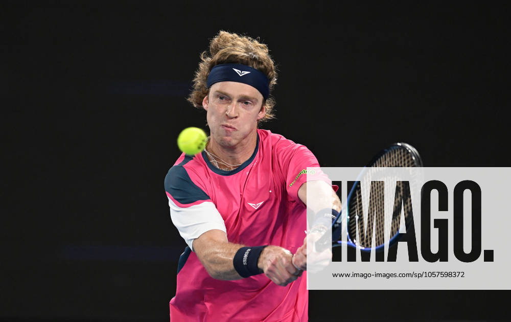 TENNIS AUSTRALIAN OPEN, Andrey Rublev of Russia returns during his round 1 match against Joao Fonseca of Brazil during the 2025 Australian Open at Melbourne Park in Melbourne, Tuesday, January 14, 2025. ( NO ARCHIVING, , NO USE IN BOOKS WITHOUT CONSENT MELBOURNE VICTORIA AUSTRALIA