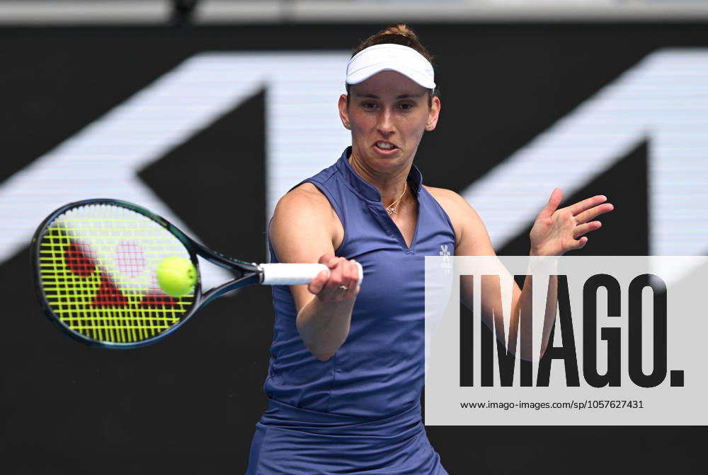 TENNIS AUSTRALIAN OPEN, Elise Mertens of Belgium returns during her round 2 match against Jessica Pegula of USA during the 2025 Australian Open at Melbourne Park in Melbourne, Wednesday, January 15, 2025. ( NO ARCHIVING, , NO USE IN BOOKS WITHOUT CONSENT MELBOURNE VICTORIA AUSTRALIA