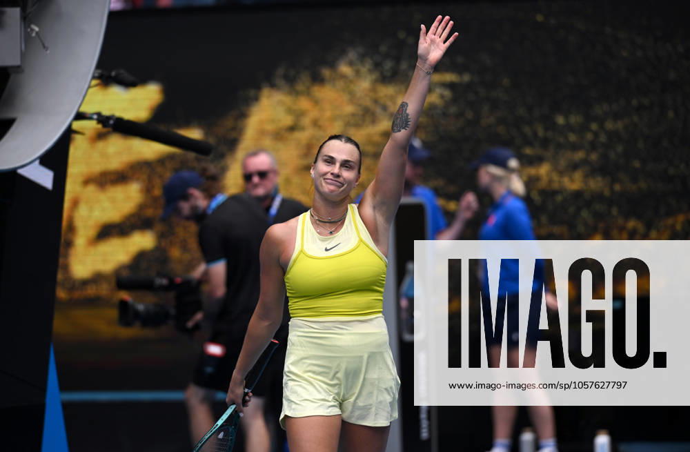 TENNIS AUSTRALIAN OPEN, Aryna Sabalenka of of Belarus celebrates after winning her round 2 match against Jessica Bouzas Maneiro of Spain during the 2025 Australian Open at Melbourne Park in Melbourne, Wednesday, January 15, 2025. ( NO ARCHIVING, , NO USE IN BOOKS WITHOUT CONSENT MELBOURNE VICTORIA AUSTRALIA