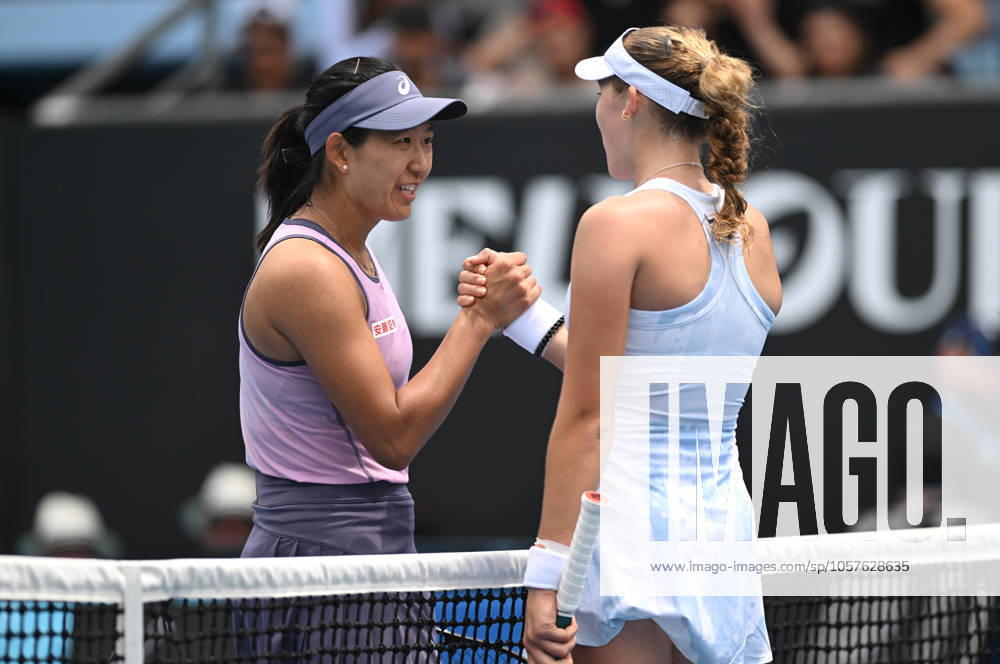 TENNIS AUSTRALIAN OPEN, Mirra Andreeva of Russia is congratulated by Moyuka Uchijima of Japan (left) following their round 2 match during the 2025 Australian Open at Melbourne Park in Melbourne, Wednesday, January 15, 2025. ( NO ARCHIVING, , NO USE IN BOOKS WITHOUT CONSENT MELBOURNE VICTORIA AUSTRALIA