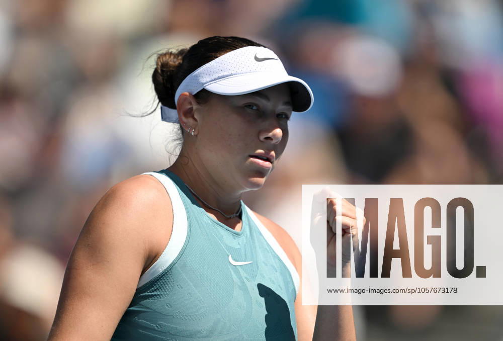 TENNIS AUSTRALIAN OPEN, Amanda Anisimova of USA reacts during her round 2 match against Emma Raducanu of Great Britain during the 2025 Australian Open at Melbourne Park in Melbourne, Thursday, January 16, 2025. ( NO ARCHIVING, , NO USE IN BOOKS WITHOUT CONSENT MELBOURNE VICTORIA AUSTRALIA