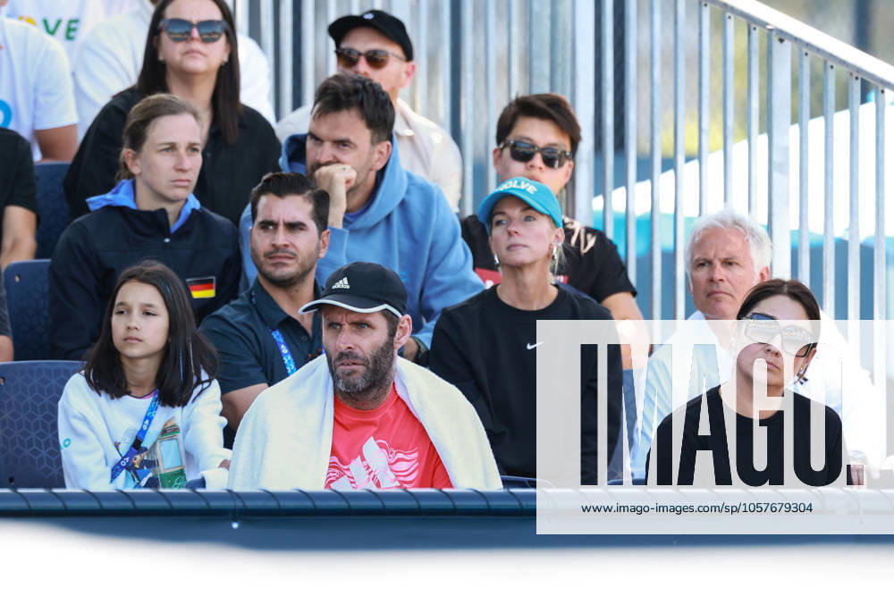 Eva Lys team in the players box, sister Isabella, womens national coach Torben Beltz and mother Maria behind them physiotherapist Alex Stober, Australian Open 2024, Melbourne Park, Melbourne, Victoria, Australia