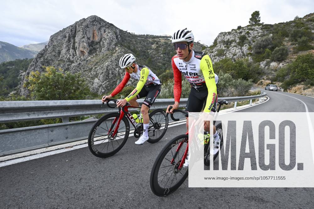 Intermarche Wanty Cycling Team Winter Training Camp {year} L ALFAS DEL PI, SPAIN - JANUARY 16 : Van Boven Luca (BEL) of Intermarche - Wanty, Page Hugo (FRA) of Intermarche - Wanty pictured during a training session at the Intermarche Wanty UCI World Team winter stage camp as part of the preparation for the new 2025 season on January 16, 2025 in L Alfas del Pi, Spain, 16 01 2025 L Alfas del Pi Spain