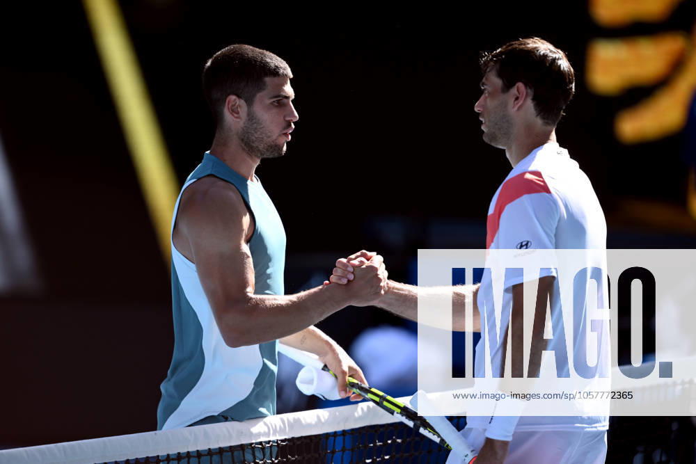 TENNIS AUSTRALIAN OPEN, Carlos Alcaraz of Spain is congratulated on his round three win by Nuno Borges of Portugal during the 2025 Australian Open at Melbourne Park in Melbourne, Friday, January 17, 2025. ( NO ARCHIVING, , NO USE IN BOOKS WITHOUT CONSENT MELBOURNE VICTORIA AUSTRALIA