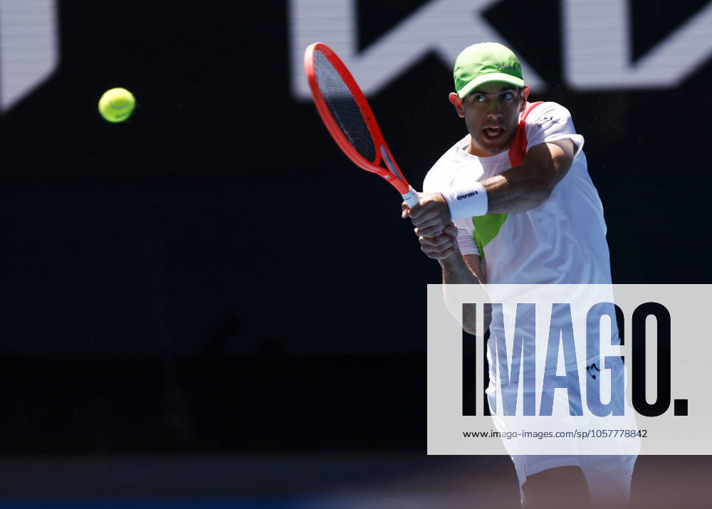 (250117) -- MELBOURNE, Jan. 17, 2025 -- Nuno Borges hits a return during the men s singles third round match between Carlos Alcaraz of Spain and Nuno Borges of Portugal at Australian Open tennis tournament in Melbourne, Australia, Jan. 17, 2025. ) (SP)AUSTRALIA-MELBOURNE-TENNIS-AUSTRALIAN OPEN-DAY 6 MaxPing