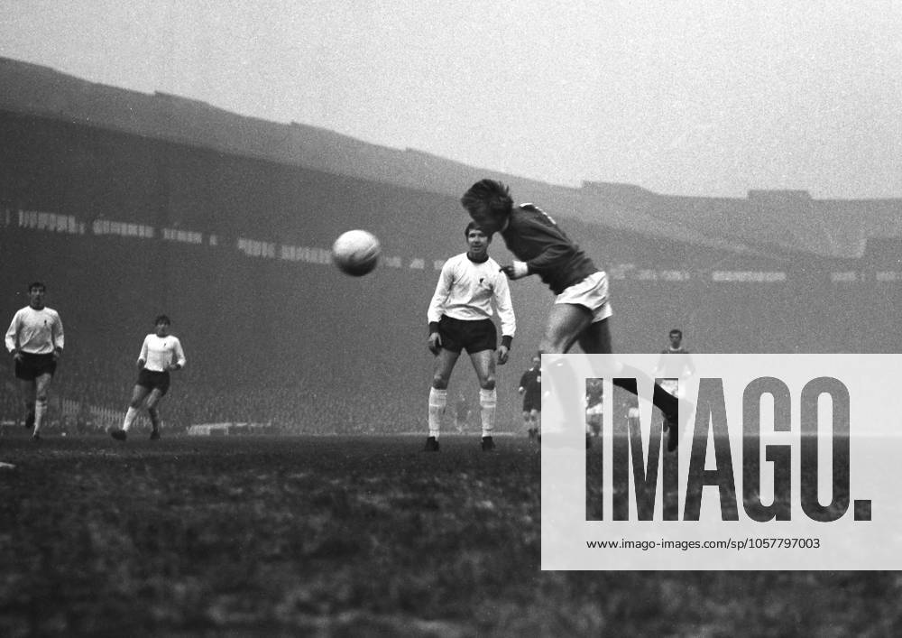 Football - 1968 1969 First Division - Manchester United, ManU 1 Liverpool 0 Denis Law heads the winning goal for Manchester United at Old Trafford.