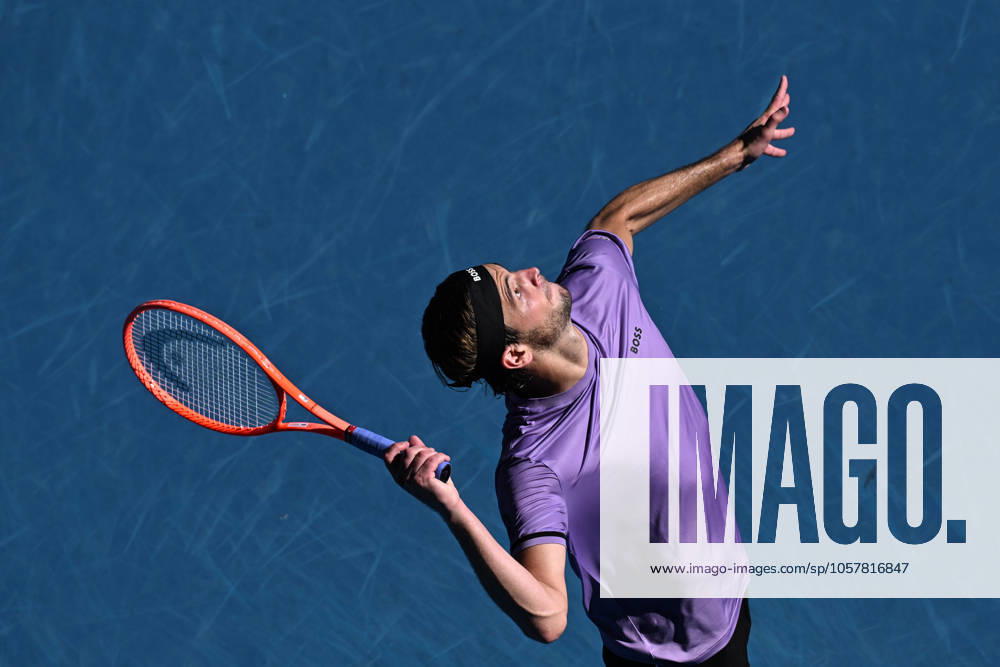 TENNIS AUSTRALIAN OPEN, Taylor Fritz of USA serves during his round three match against Gael Monfils of France during the 2025 Australian Open at Melbourne Park in Melbourne, Saturday, January 18, 2025. ( NO ARCHIVING, , NO USE IN BOOKS WITHOUT CONSENT MELBOURNE VICTORIA AUSTRALIA