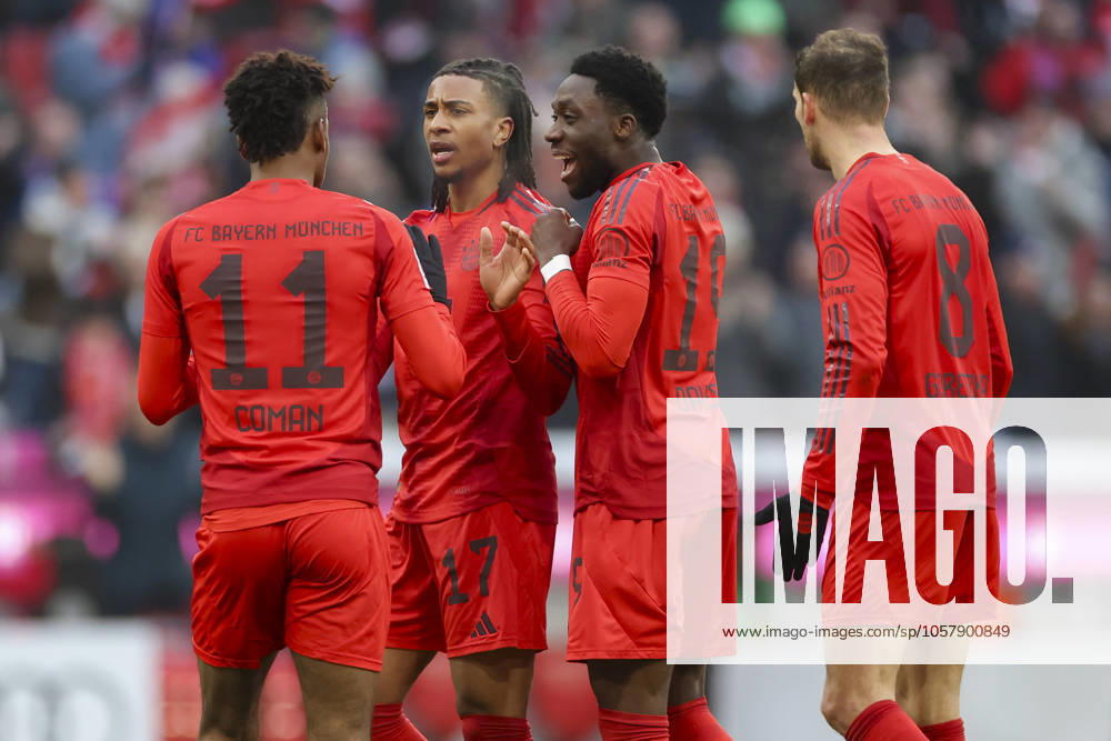Michael Olise FC Bayern Muenchen celebrates his goal for 2 1 with Kingsley Coman FC Bayern Muenchen , Alphonso Davies FC Bayern Muenchen and Leon Goretzka FC Bayern Muenchen , Bundesliga, FC Bayern München v VfL Wolfsburg, Allianz Arena, January 18, 2025 in Munich, Germany Photo by Marco Steinbrenner DeFodi Images Michael Olise FC Bayern Muenchen celebrates after scoring his teams second goal with Kingsley Coman FC Bayern Muenchen , Alphonso Davies FC Bayern Muenchen and Leon Goretzka FC Bayern Muenchen , Bundesliga, FC Bayern München v VfL Wolfsburg, Allianz Arena, January 18, 2025 in Munich, Germany Photo by Marco Steinbrenner DeFodi Images DFL regulations prohibit any use of photographs as image sequences and or quasi video Defodi 700 muen wob 20250118 271 Defodi-700 DFL regulations prohibit any use of photographs as image sequences and or quasi-video.