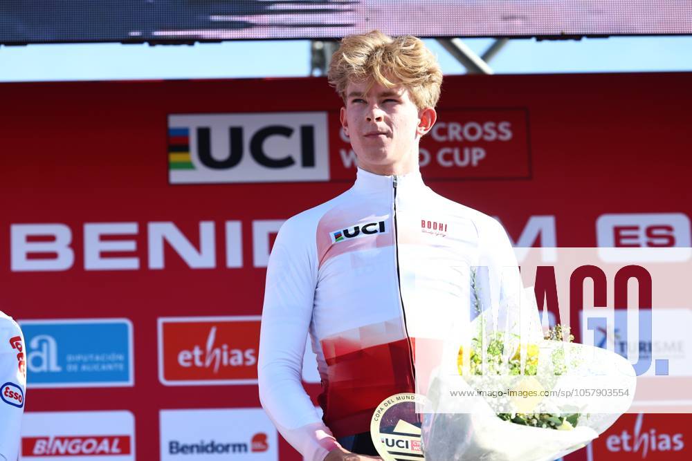 Dutch Tibor Del Grosso celebrates on the podium after the men s U23 race at the cyclocross cycling event in Benidorm, Spain, , stage 12 14 in the UCI World Cup competition. DAVIDxPINTENS x110714248x