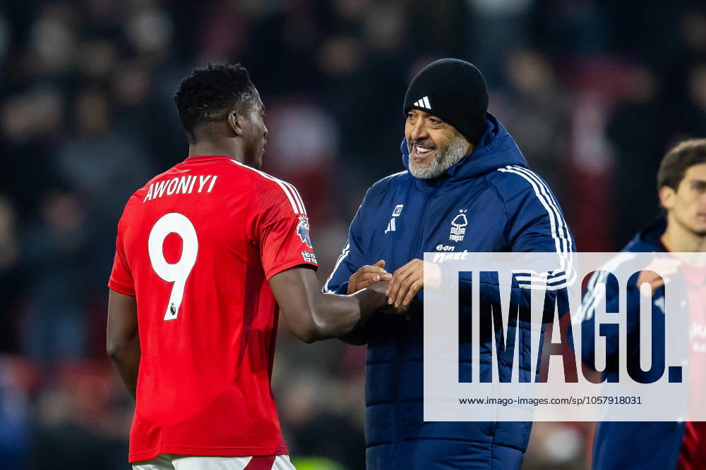 Nottingham Forest v Southampton Premier League 19 01 2025. Nottingham Forest Manager Nuno Espirito Santo celebrates win with Nottingham Forest forward Taiwo Awoniyi (9) after the Premier League match between Nottingham Forest and Southampton at the City Ground, Nottingham, England on 19 January 2025. Nottingham City Ground Nottinghamshire England Editorial use only DataCo restrictions apply See www.football-dataco.com ,