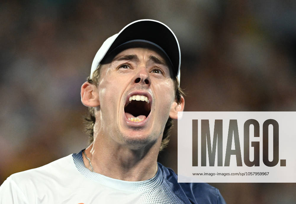 TENNIS AUSTRALIAN OPEN, Alex De Minaur of Australia reacts after winning the 2nd set during his round 4 match against Alex Michelsen of USA during the 2025 Australian Open at Melbourne Park in Melbourne, Monday, January 20, 2025. ( NO ARCHIVING, , NO USE IN BOOKS WITHOUT CONSENT MELBOURNE VICTORIA AUSTRALIA