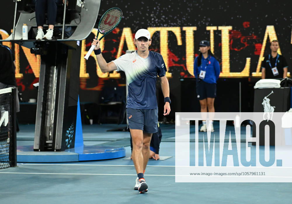 TENNIS AUSTRALIAN OPEN, Alex De Minaur of Australia celebrates after winning his round 4 match against Alex Michelsen of USA during the 2025 Australian Open at Melbourne Park in Melbourne, Monday, January 20, 2025. ( NO ARCHIVING, , NO USE IN BOOKS WITHOUT CONSENT MELBOURNE VICTORIA AUSTRALIA
