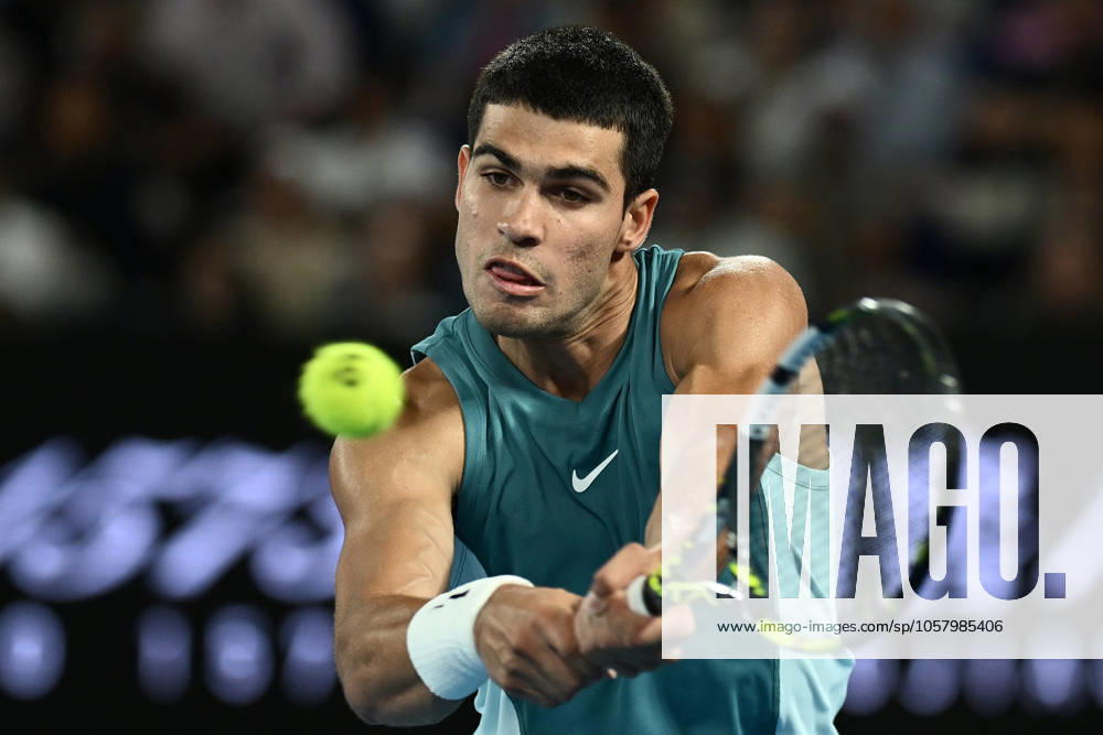 TENNIS AUSTRALIAN OPEN, Carlos Alcaraz of Spain during his 1 4 final match against Novak Djokovic of Serbia during the 2025 Australian Open at Melbourne Park in Melbourne, Tuesday, January 21, 2025. ( NO ARCHIVING, , NO USE IN BOOKS WITHOUT CONSENT MELBOURNE VICTORIA AUSTRALIA