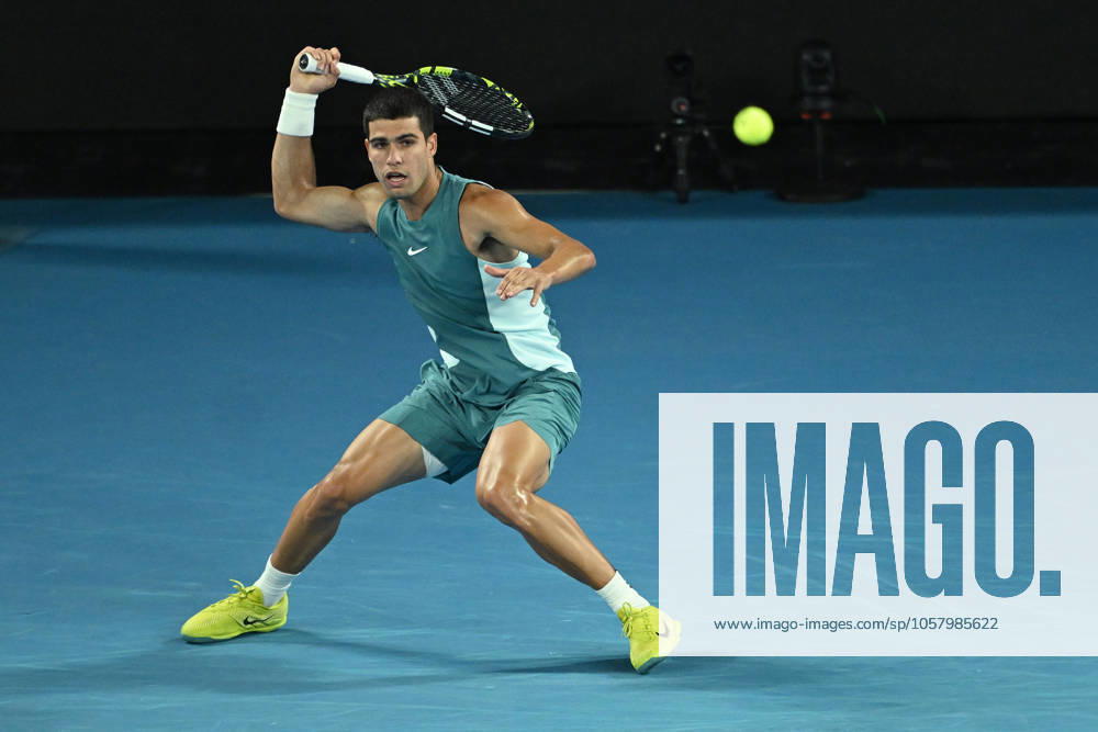 TENNIS AUSTRALIAN OPEN, Carlos Alcaraz of Spain during his 1 4 final match against Novak Djokovic of Serbia during the 2025 Australian Open at Melbourne Park in Melbourne, Tuesday, January 21, 2025. NO ARCHIVING, , NO USE IN BOOKS WITHOUT CONSENT MELBOURNE VICTORIA AUSTRALIA