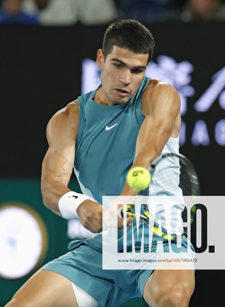 Tennis: Australian Open Carlos Alcaraz of Spain plays against Novak Djokovic of Serbia in the men s singles quarterfinals at the Australian Open tennis tournament in Melbourne on Jan. 21, 2025. A14AA0004021039P