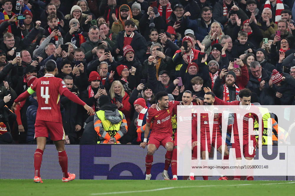 Liverpool FC v LOSC Lille Mohamed Salah of Liverpool celebrates with teammates Curtis Jones Darwin Nunez Luis Diaz after scoring the teams first goal during the Liverpool FC v LOSC Lille UEFA Champions League match at Anfield, Liverpool, England, United Kingdom on 21 January 2025 Credit: James Holyoak Every Second Media Editorial use only. All images are copyright Every Second Media Limited. No images may be reproduced without prior permission.