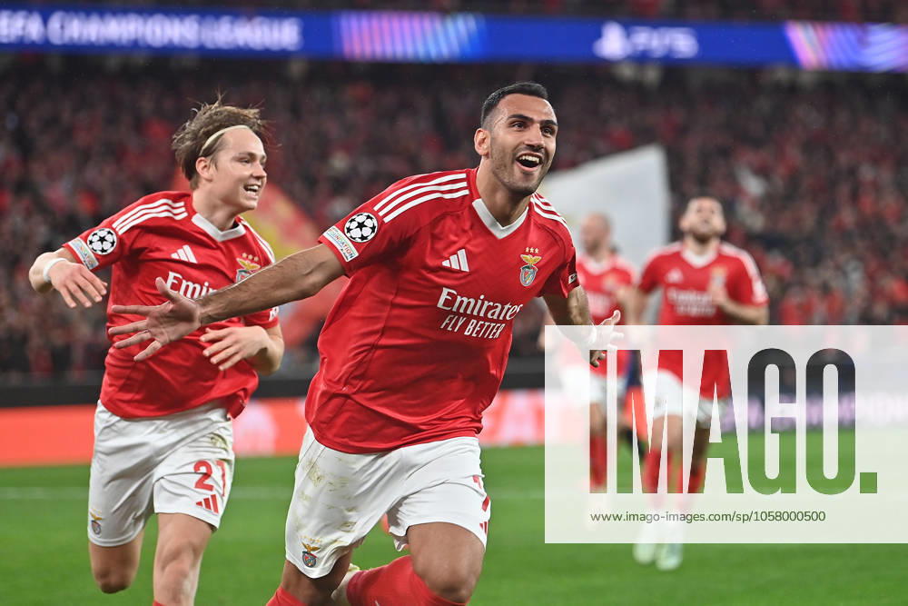 Portugal, Estadio do SL Benfica Lisbon 21 January 2025 Uefa Champions League phase 2024 25 Matchday 7, S L Benfica FC Barcelona v l , Andreas Schjelderup S L Benfica , Vangelis Pavlidis S L Benfica Torjubel, Goal celebration, celebrate the goal