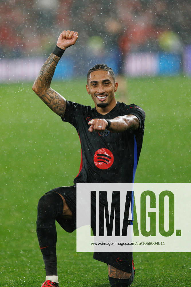 Raphinha seen celebrating after scoring goal during UEFA Champions League game between teams of SL Benfica and FC Barcelona, Barca (Maciej Rogowski) Lisboa Estadio Da Luz Portugal