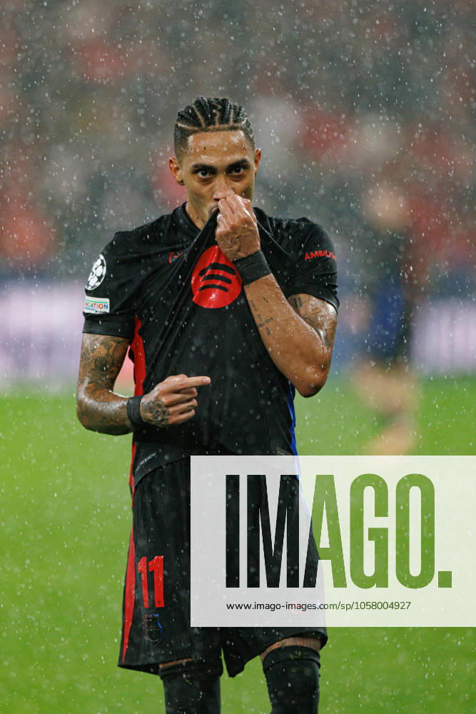 Raphinha seen celebrating after scoring goal during UEFA Champions League game between teams of SL Benfica and FC Barcelona, Barca (Maciej Rogowski) Lisboa Estadio Da Luz Portugal