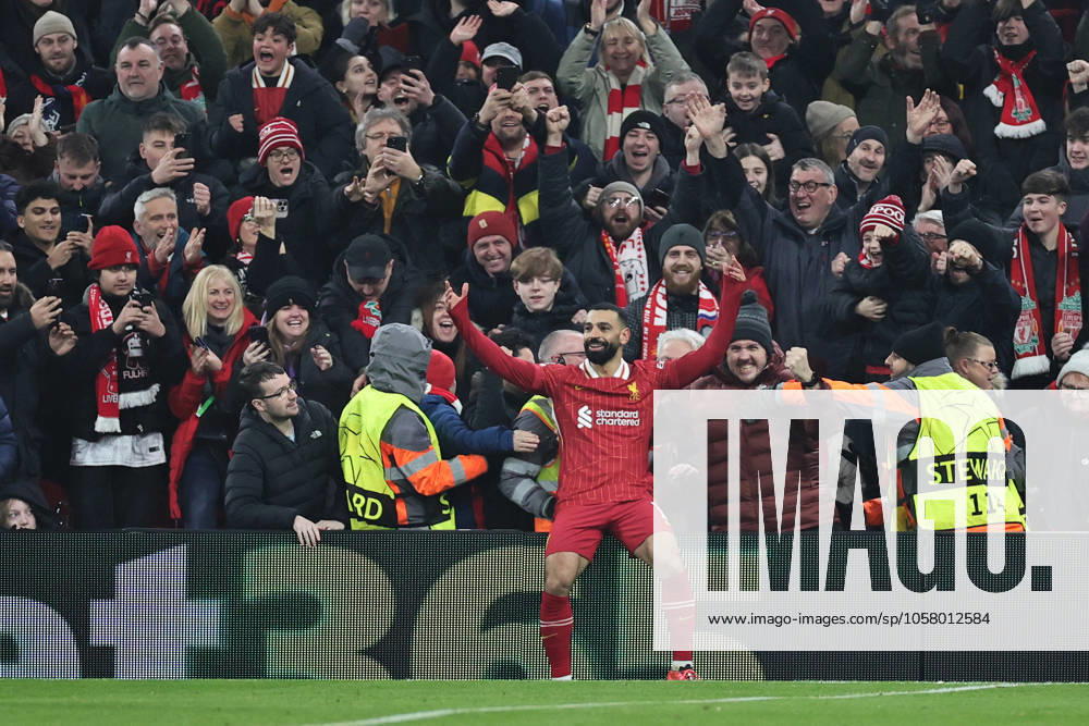 Liverpool FC v LOSC Lille Mohamed Salah of Liverpool celebrates after scoring the teams first goal during the Liverpool FC v LOSC Lille UEFA Champions League match at Anfield, Liverpool, England, United Kingdom on 21 January 2025 Credit: James Holyoak Every Second Media Editorial use only. All images are copyright Every Second Media Limited. No images may be reproduced without prior permission.