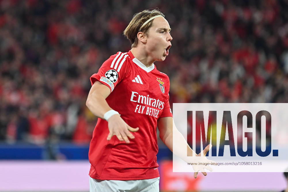 Portugal, Estadio do SL Benfica Lisbon 21 January 2025 Uefa Champions League phase 2024 25 Matchday 7, S L Benfica FC Barcelona v l , Andreas Schjelderup S L Benfica Torjubelel, Goal celebration, celebrate the goal