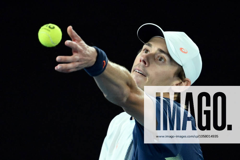 TENNIS AUSTRALIAN OPEN, Alex de Minaur of Australia serves during his quarterfinal match against Jannik Sinner of Italy during the 2025 Australian Open at Melbourne Park in Melbourne, Wednesday, January 22, 2025. ( NO ARCHIVING, , NO USE IN BOOKS WITHOUT CONSENT MELBOURNE VICTORIA AUSTRALIA