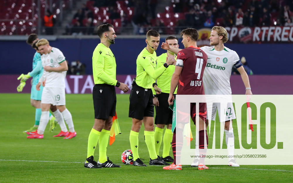 Referee Manfredas Lukjanciukas LIT , Willi Orban, Morten Hjulmand at side selection Sport Football Soccer UEFA Champions League UCL Men 7 Matchday Season 2024 2025 22 01 2025 Rasen Ballsport RB Leipzig RBL vs Sporting Lisbon DFL regulations prohibit any use of photographs as image sequences and or quasi video