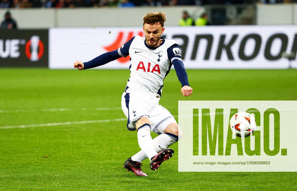 James Maddison of Tottenham Hotspur scores a goal to make the score 0-1. Hoffenheim v Tottenham Hotspur, UEFA Europa League, Group Stage, Football, PreZero Arena, Sinsheim, Germany - 23 Jan 2024