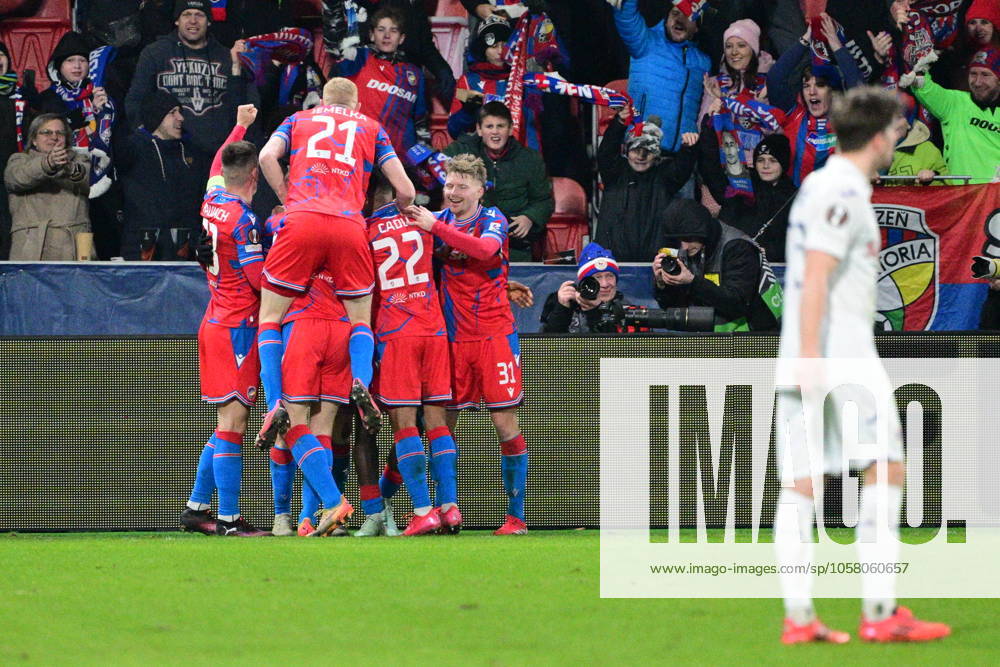 FC Viktoria Plzen players celebrate the second goal the football Europa League 7th round match FC Viktoria Plzen vs RSC Anderlecht Brussels in Pilsen, Czech Republic, January 23, 2025. (CTKxPhoto MichalxKamaryt) CTKPhotoP2025012308049 CTKPhotoP2025012308049