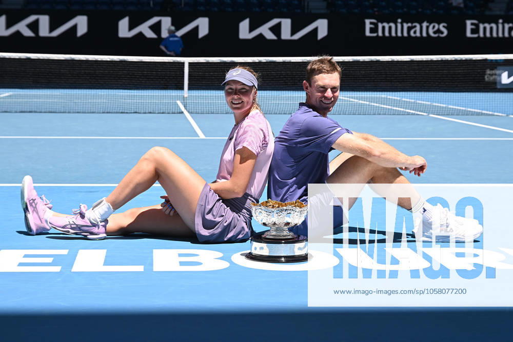 KW04 TENNIS AUSTRALIAN OPEN, Olivia Gadecki and John Peers of Australia pose with the trophy after winning their mixed doubles final match against Kimberly Birrell and John-Patrick Smith of Australia during the 2025 Australian Open at Melbourne Park in Melbourne, Friday, January 24, 2025. ( NO ARCHIVING, , NO USE IN BOOKS WITHOUT CONSENT MELBOURNE VICTORIA AUSTRALIA