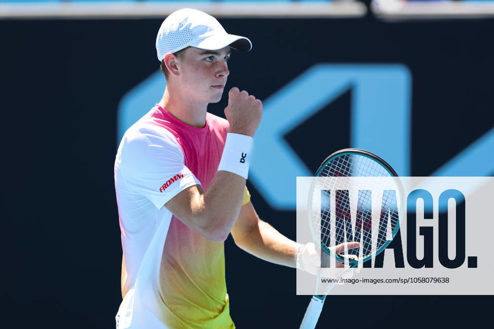 Henry Bernet SUI makes a fist and cheers,Cheers,Joy,Emotion, Boys Singles, Australian Open 2025, Melbourne Park, Melbourne, Victoria, Australia