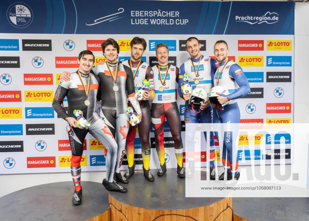Photographer FIL Michael Kristen 24 01 2025 7 FIL Eberspächer Luge World Cup, LOTTO Thüringen Ice Arena Oberhof GER , WC Germany, Nations Cup, Mens Doubles, Award Ceremony, picture Devin Wardrope, Cole Anthony Zajanski CAN , Moritz Jäger, Valentin Steudte GER , Tomas Vavercak, Matej Zmij SVK