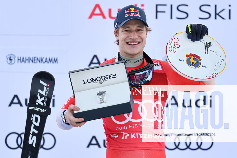 KW04 ALPINE SKIING - FIS WC Kitzbuehel KITZBUEHEL,AUSTRIA,24.JAN.25 - ALPINE SKIING - FIS World Cup, Hahnenkamm-race, Super G, men. Image shows the rejoicing of Marco Odermatt (SUI). keywords: trophy. GEPAxpictures xWolfgangxGrebien