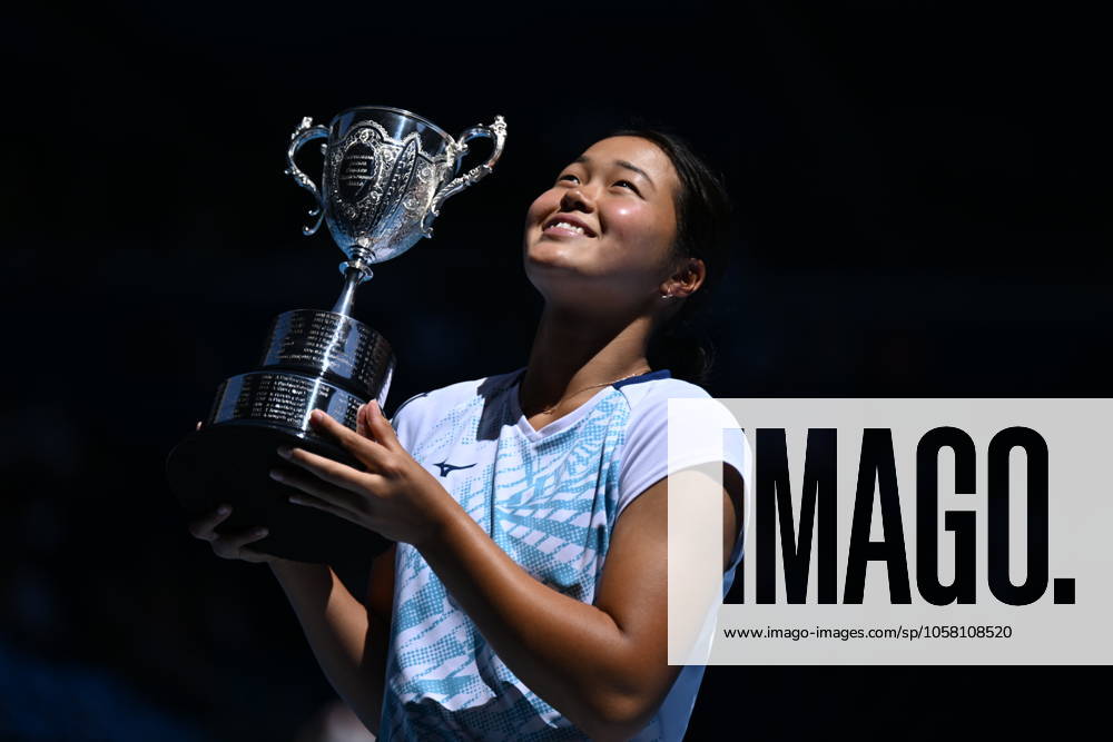 TENNIS AUSTRALIAN OPEN, Wakana Sonobe of Japan holds the winners trophy following her Junior Girls Singles final win over Kristina Penickova of the USA during the 2025 Australian Open at Melbourne Park in Melbourne, Saturday, January 25, 2025. ( NO ARCHIVING, , NO USE IN BOOKS WITHOUT CONSENT MELBOURNE VICTORIA AUSTRALIA