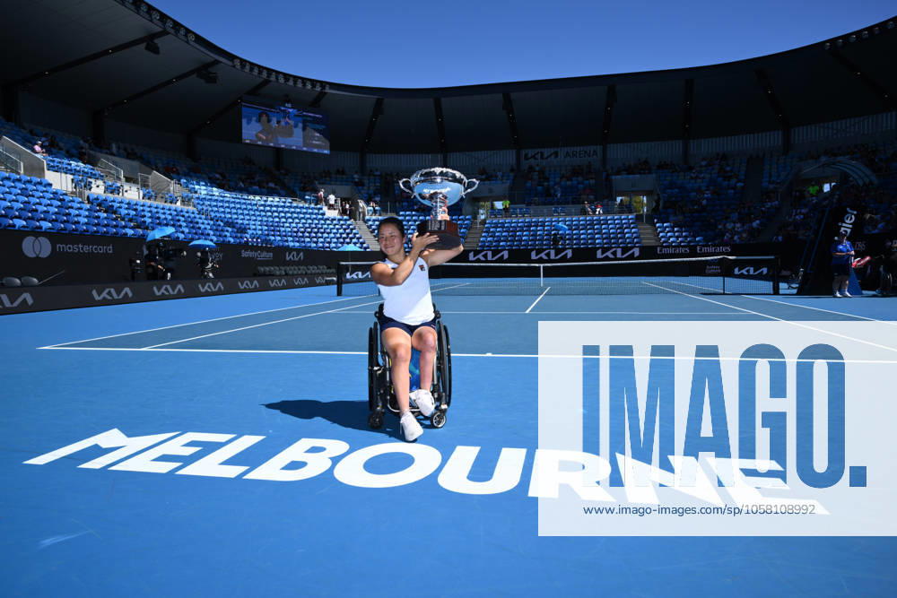 TENNIS AUSTRALIAN OPEN, Yui Kamiji of Japan with the winners trophy following her Women?s Wheelchair Singles final win against Aniek Van Koot of the Netherlands during the 2025 Australian Open at Melbourne Park in Melbourne, Saturday, January 25, 2025. ( NO ARCHIVING, , NO USE IN BOOKS WITHOUT CONSENT MELBOURNE VICTORIA AUSTRALIA