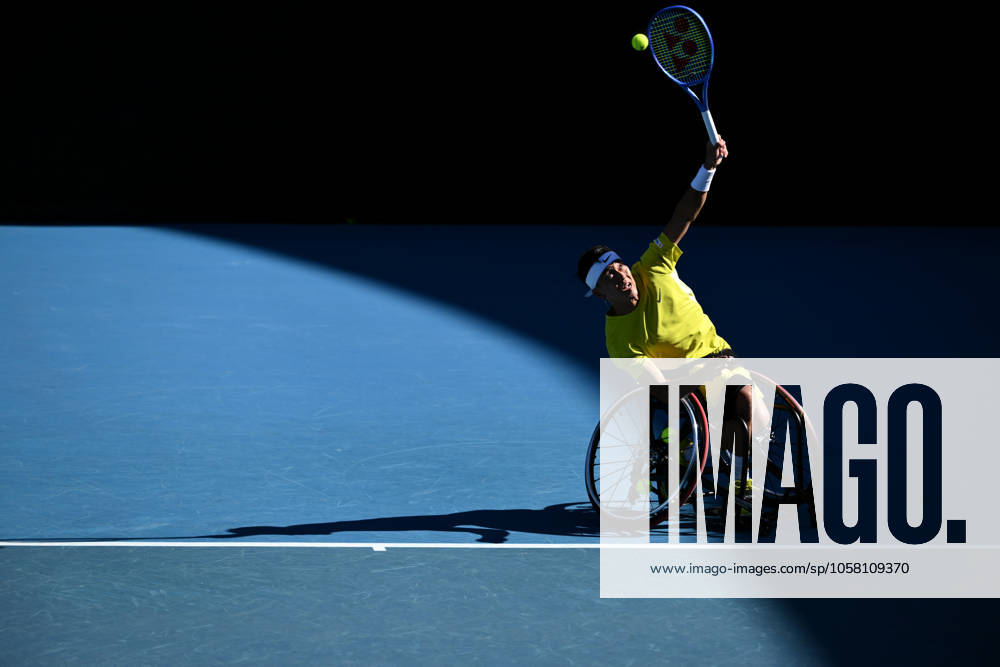 TENNIS AUSTRALIAN OPEN, Tokito Oda of Japan serves during his Men?s Wheelchair Singles final against Alfie Hewett of the United Kingdom during the 2025 Australian Open at Melbourne Park in Melbourne, Saturday, January 25, 2025. ( NO ARCHIVING, , NO USE IN BOOKS WITHOUT CONSENT MELBOURNE VICTORIA AUSTRALIA