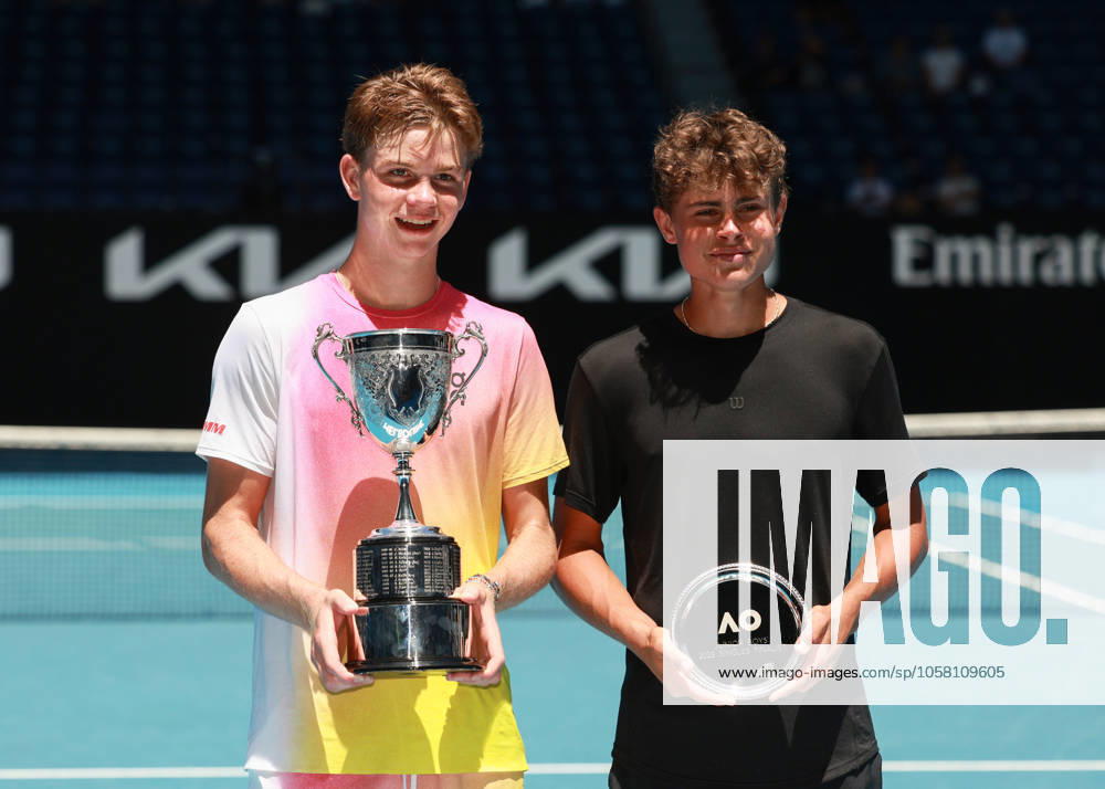 L R Winner Henry Bernet SUI and finalist Benjamin Willwerth USA , Australian Open 2025, Melbourne Park, Melbourne, Victoria, Australia