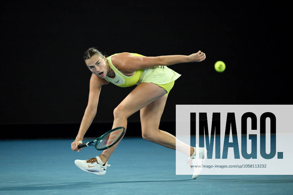 TENNIS AUSTRALIAN OPEN, Aryna Sabalenka of Belarus struggles during her Women?s final against Madison Keys of the USA during the 2025 Australian Open at Melbourne Park in Melbourne, Saturday, January 25, 2025. ( NO ARCHIVING, , NO USE IN BOOKS WITHOUT CONSENT MELBOURNE VICTORIA AUSTRALIA