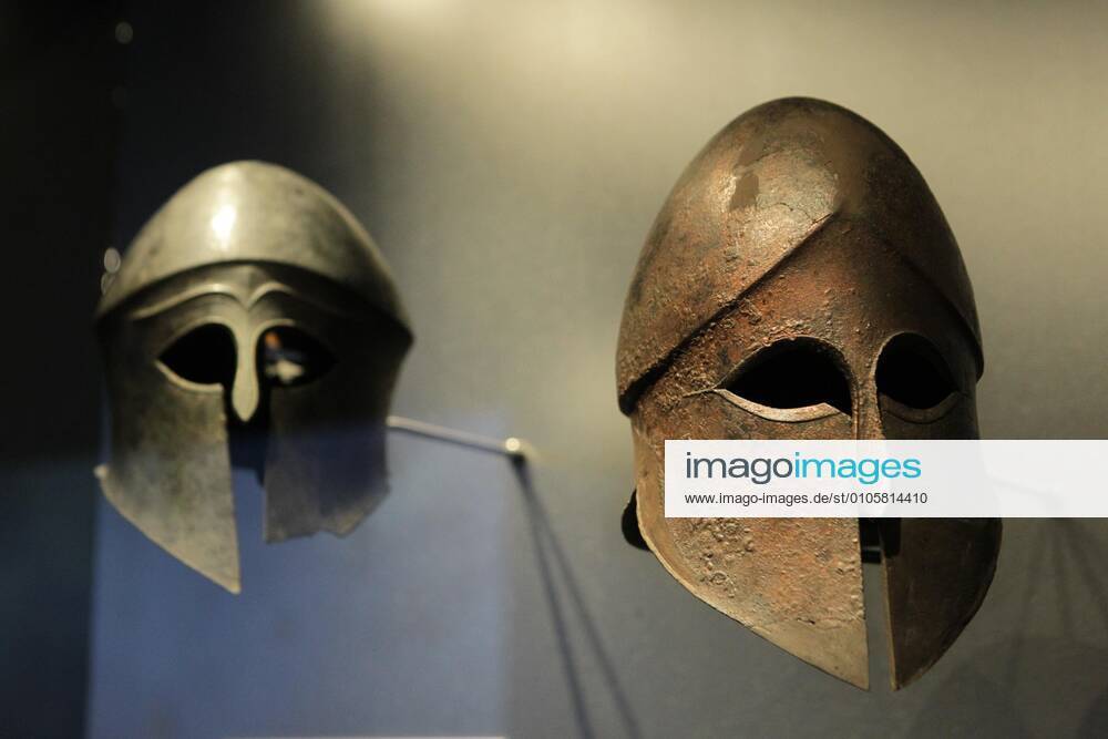Helmets of Greek Hoplites. The National Archaeological Museum presents the new temporary exhibition titled Glorious Victories. Between Myth and History , which is part of the celebration program for the 2,500th anniversary of the Battle of Thermopylae and the Naval Battle of Salamis. Athens Greece - ZUMAv62_ 20201022_zaf_v62_009