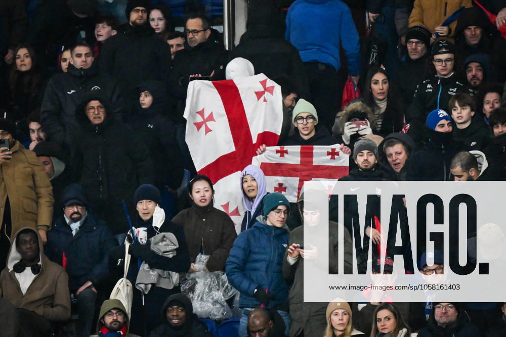 Ligue 1 PSG vs Stade de Reims - FA Paris Saint-Germain’s forward Khvicha Kvaratskhelia’s supporters hold the Georgian flag during the French L1 football match between Paris Saint-Germain and Stade de Reims at the Parc des Princes stadium in Paris on January 25, 2025. Photo by Firas Abdullah ABACAPRESS.COM Paris Île-de-France France