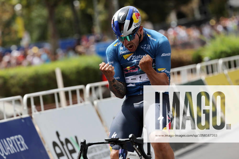 CYCLING TOUR DOWN UNDER, Sam Welsford (AUS) from team Red Bull-Bora-Hansgrohe celebrates winning the Santos Tour Down Under stage six in Adelaide, Sunday, January 26, 2025. ( NO ARCHIVING, , NO USE IN BOOKS WITHOUT CONSENT ADELAIDE SOUTH AUSTRALIA AUSTRALIA