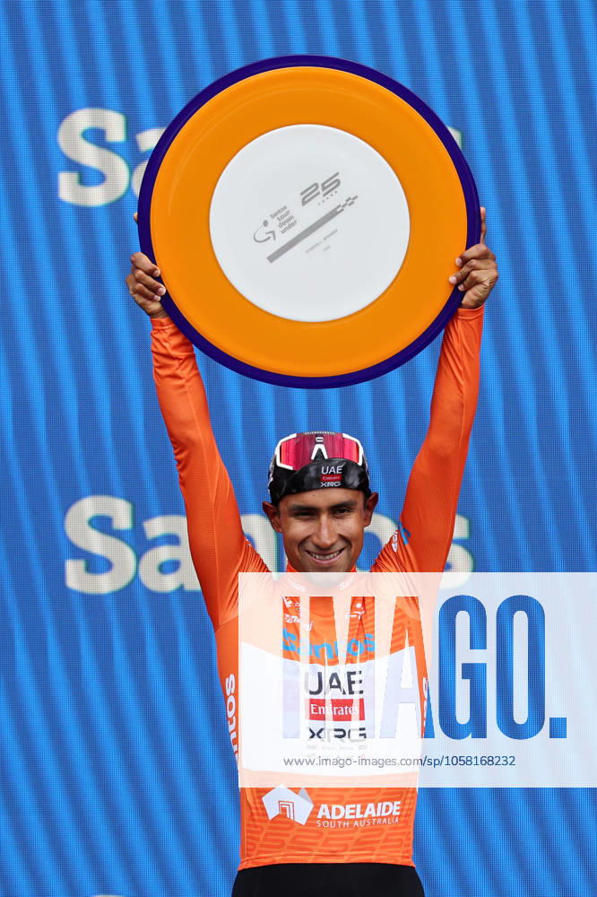 CYCLING TOUR DOWN UNDER, Overall winner and the Ochre jersey Jhonatan Narvaez Prado from Ecuador and UAE Team Emirates on the podium at the Santos Tour Down Under stage six in Adelaide, Sunday, January 26, 2025. ( NO ARCHIVING, , NO USE IN BOOKS WITHOUT CONSENT ADELAIDE SOUTH AUSTRALIA AUSTRALIA