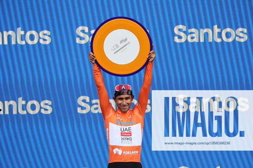 CYCLING TOUR DOWN UNDER, Overall winner and the Ochre jersey Jhonatan Narvaez Prado from Ecuador and UAE Team Emirates on the podium at the Santos Tour Down Under stage six in Adelaide, Sunday, January 26, 2025. ( NO ARCHIVING, , NO USE IN BOOKS WITHOUT CONSENT ADELAIDE SOUTH AUSTRALIA AUSTRALIA