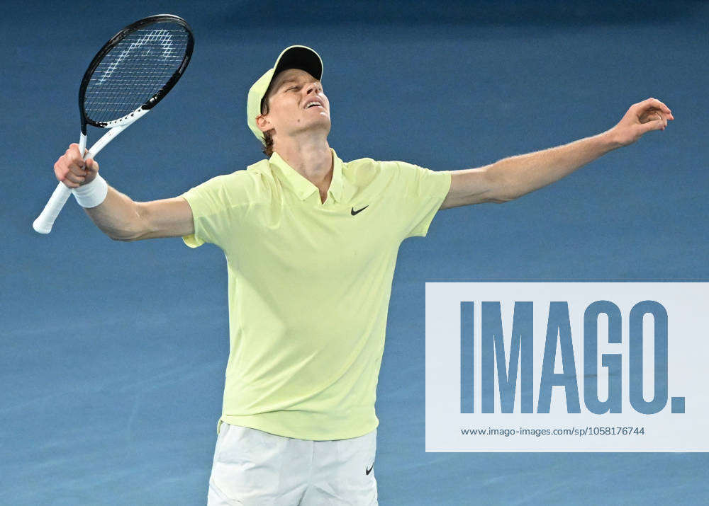 TENNIS AUSTRALIAN OPEN, Jannik Sinner of Italy celebrates match point during his Men?s Singles final win over Alexander Zverev of Germany during the 2025 Australian Open at Melbourne Park in Melbourne, Sunday, January 26, 2025. ( NO ARCHIVING, , NO USE IN BOOKS WITHOUT CONSENT MELBOURNE VICTORIA AUSTRALIA