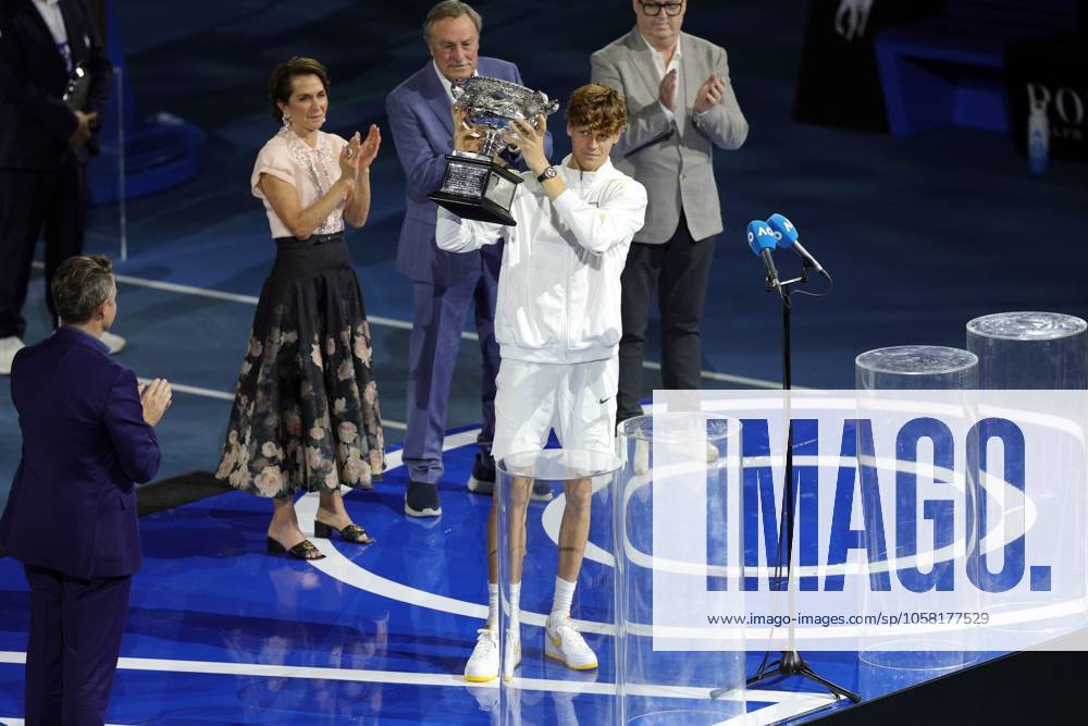 Jannik Sinner of Italy holds up the Australian Open trophy Australian Open, Day Fifteen, Tennis, Melbourne Park, Melbourne, Australia - 26 Jan 2025