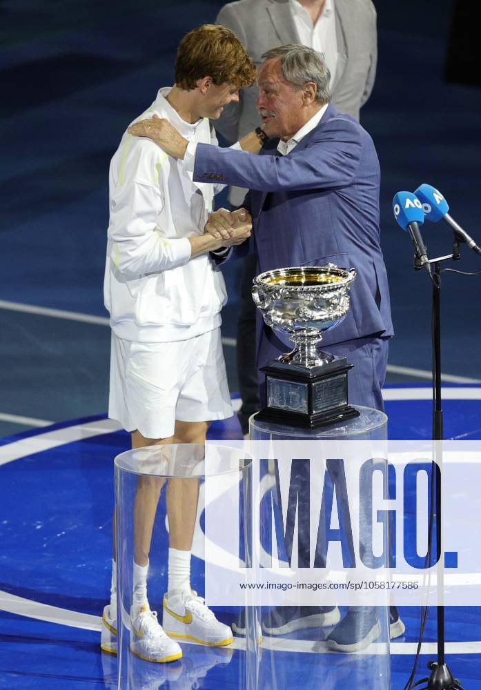 Jannik Sinner of Italy is presented with the Australian Open trophy Australian Open, Day Fifteen, Tennis, Melbourne Park, Melbourne, Australia - 26 Jan 2025